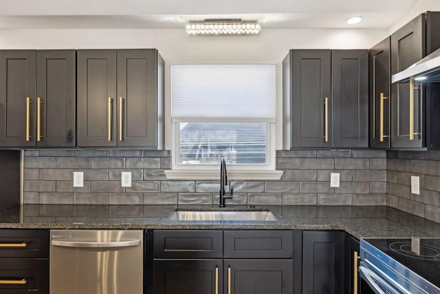 kitchen with dark stone counters, stainless steel appliances, a sink, and decorative backsplash