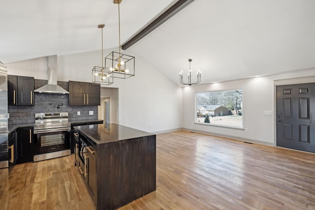 kitchen featuring wall chimney exhaust hood, beamed ceiling, stainless steel electric stove, light wood-type flooring, and backsplash