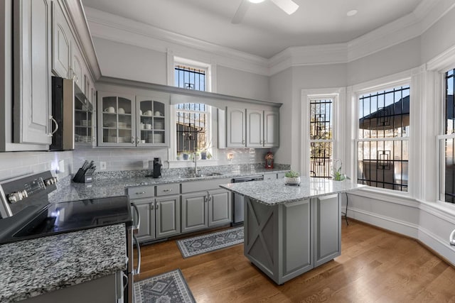 kitchen with appliances with stainless steel finishes, gray cabinets, a sink, and ornamental molding