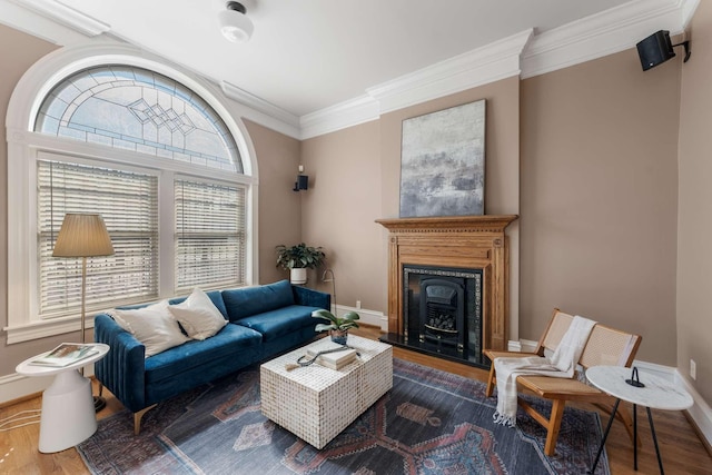 living area with a fireplace with raised hearth, crown molding, baseboards, and wood finished floors