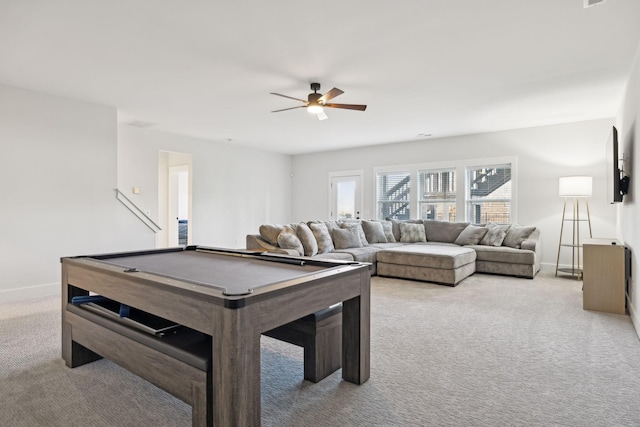 rec room featuring ceiling fan, carpet floors, pool table, and baseboards