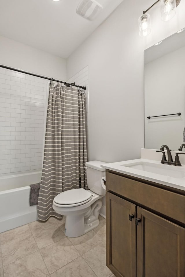 full bath with shower / bathtub combination with curtain, visible vents, vanity, and toilet