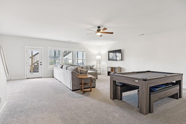 rec room with a ceiling fan, pool table, carpet flooring, and baseboards