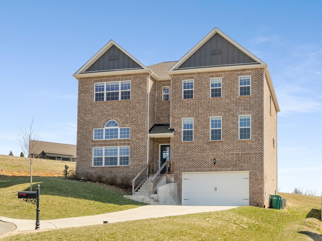 view of front of property featuring brick siding, central air condition unit, concrete driveway, board and batten siding, and a front lawn