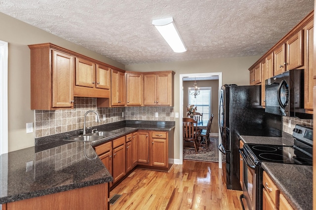 kitchen featuring tasteful backsplash, a sink, light wood-type flooring, black microwave, and stainless steel electric range