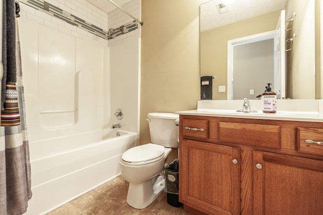 bathroom with toilet, shower / tub combo, visible vents, and vanity