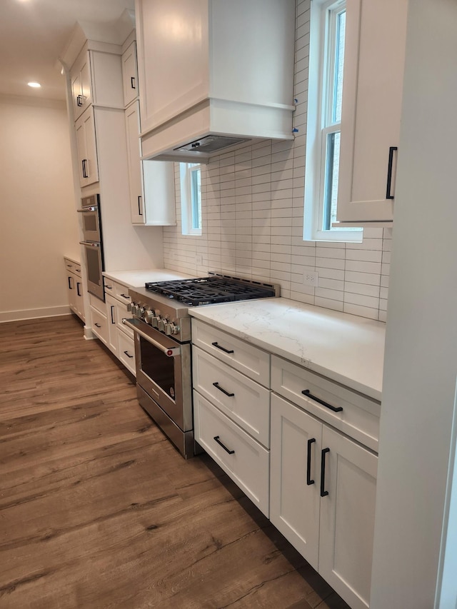 kitchen with tasteful backsplash, appliances with stainless steel finishes, dark wood-style flooring, premium range hood, and white cabinetry