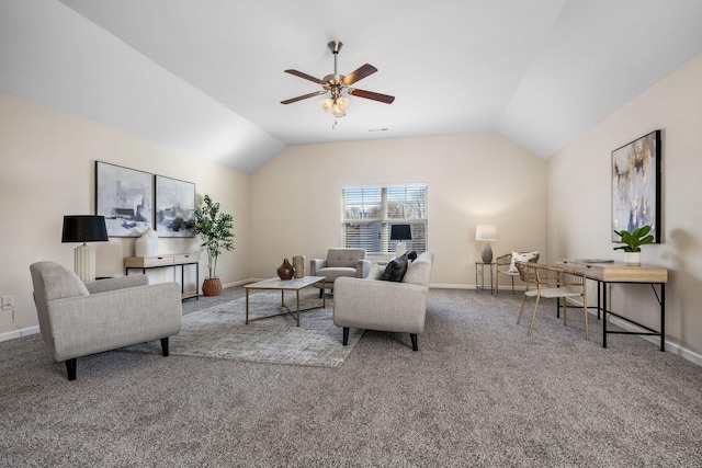 living room with lofted ceiling, carpet floors, a ceiling fan, and baseboards