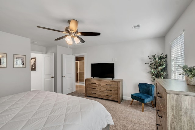 bedroom with ceiling fan, carpet, and visible vents