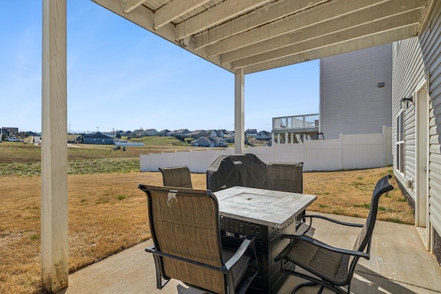 view of patio with a fenced backyard, a grill, and outdoor dining area