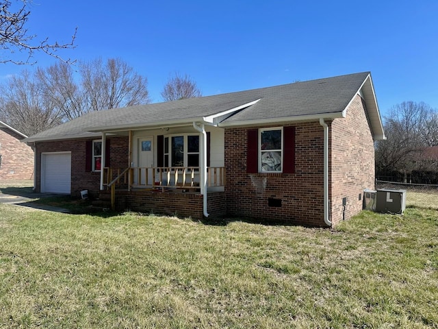 single story home featuring a porch, an attached garage, brick siding, crawl space, and a front lawn