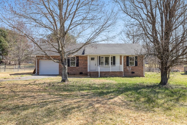 single story home with a front lawn, fence, brick siding, and crawl space