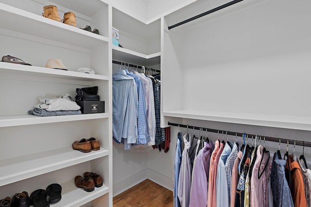 walk in closet with wood finished floors