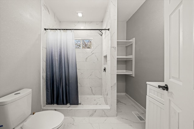 bathroom featuring a stall shower, baseboards, visible vents, toilet, and marble finish floor