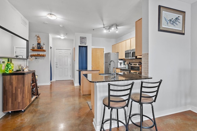 kitchen with a peninsula, a sink, stainless steel appliances, a kitchen bar, and backsplash