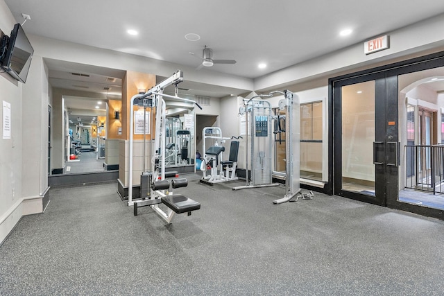 workout area with recessed lighting, visible vents, ceiling fan, and arched walkways