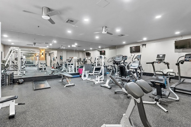 exercise room featuring ceiling fan, visible vents, and recessed lighting