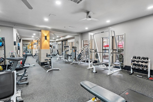 gym with a ceiling fan and recessed lighting