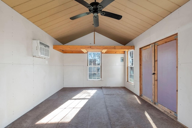 carpeted empty room featuring a wall unit AC, wood ceiling, a ceiling fan, and lofted ceiling