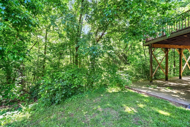 view of yard with a deck and a wooded view