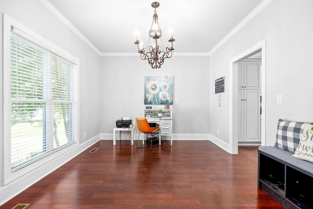 office area with ornamental molding, a notable chandelier, baseboards, and wood finished floors