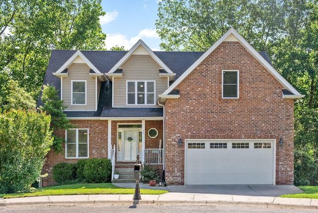 view of front facade featuring concrete driveway, brick siding, an attached garage, and roof with shingles