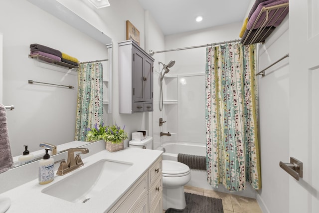 full bath featuring tile patterned flooring, toilet, recessed lighting, shower / tub combo, and vanity