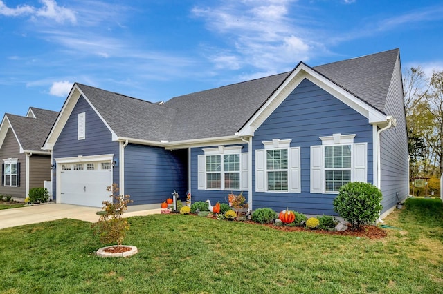 ranch-style home featuring an attached garage, a shingled roof, a front lawn, and concrete driveway