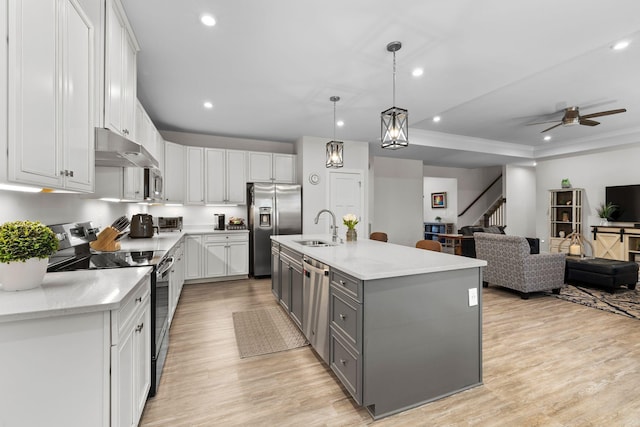 kitchen featuring light wood-style flooring, under cabinet range hood, a sink, appliances with stainless steel finishes, and gray cabinets