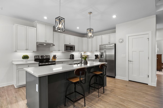 kitchen with appliances with stainless steel finishes, a breakfast bar, light wood-type flooring, under cabinet range hood, and a sink