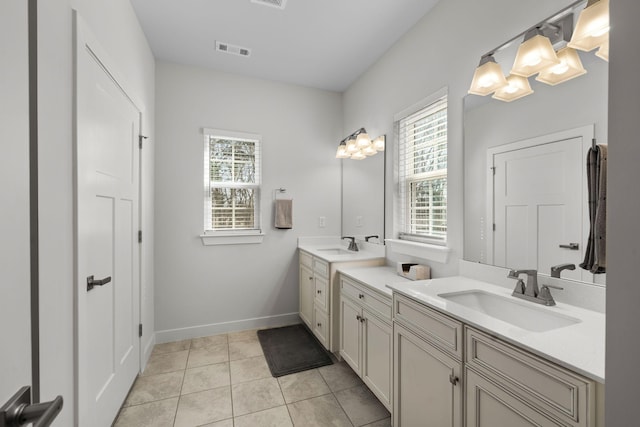 full bathroom with two vanities, tile patterned flooring, visible vents, and a sink