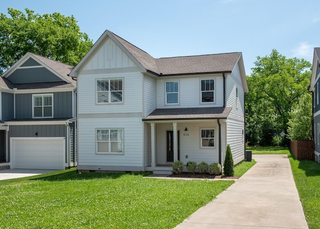 view of front facade featuring driveway, central AC unit, an attached garage, a front lawn, and board and batten siding