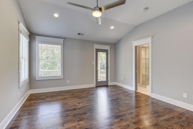 spare room featuring recessed lighting, a ceiling fan, baseboards, vaulted ceiling, and dark wood-style floors