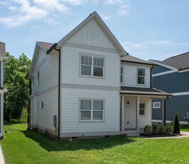 view of front of house featuring roof with shingles, crawl space, board and batten siding, and a front yard