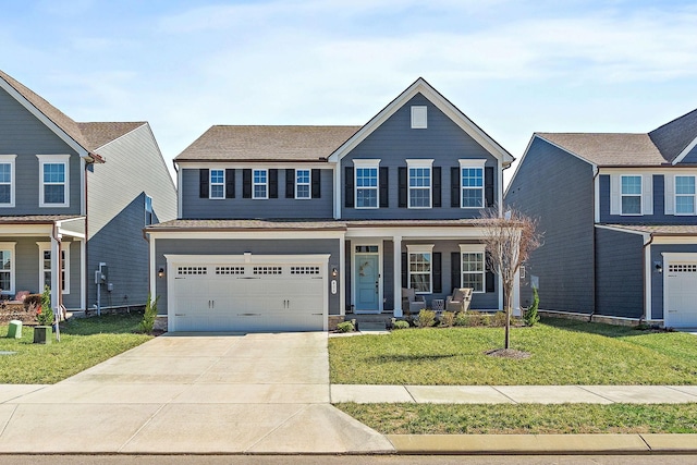 traditional home with a garage, a front yard, covered porch, and concrete driveway