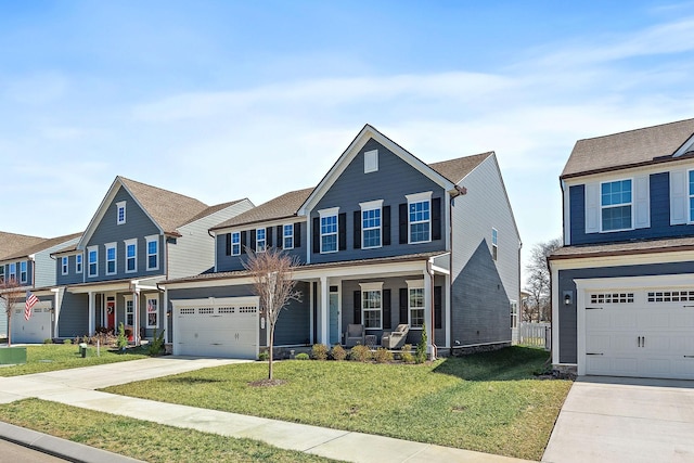 view of front of house featuring an attached garage, covered porch, concrete driveway, and a front yard