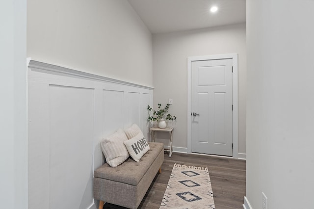 interior space featuring dark wood-style floors, a decorative wall, and a wainscoted wall