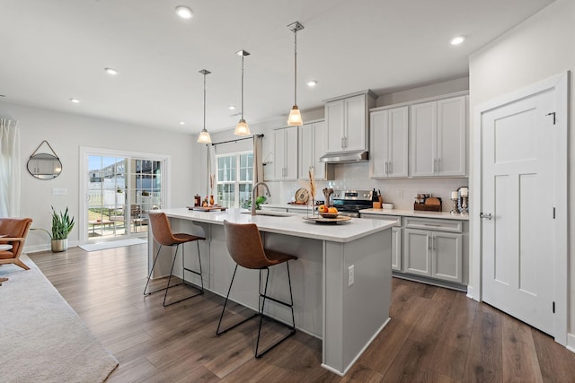 kitchen with dark wood-style flooring, tasteful backsplash, a sink, under cabinet range hood, and stainless steel electric range