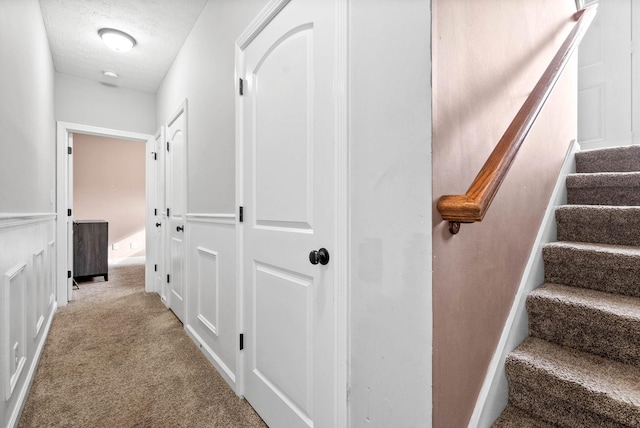 staircase featuring carpet flooring and a textured ceiling