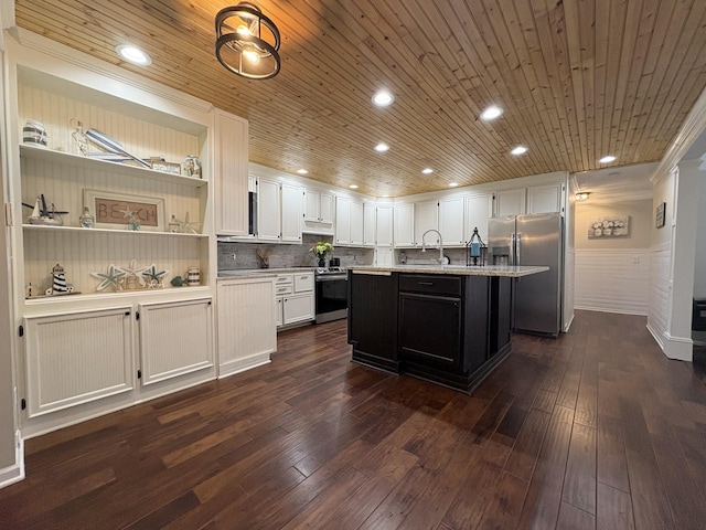 kitchen featuring wooden ceiling, white cabinetry, stainless steel appliances, and light countertops