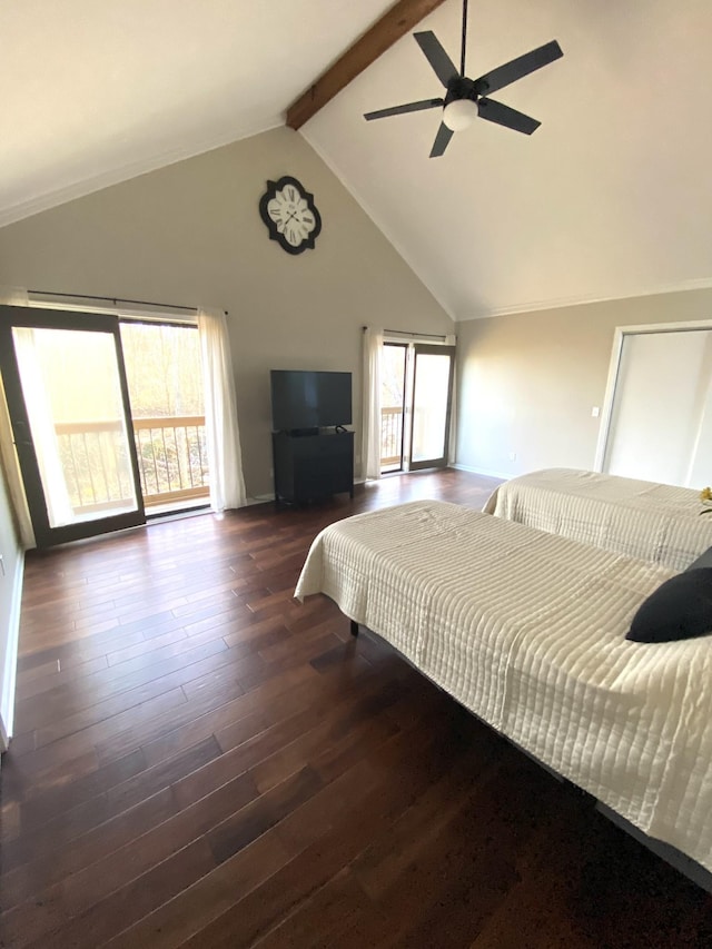 bedroom featuring access to exterior, ceiling fan, wood finished floors, high vaulted ceiling, and beamed ceiling