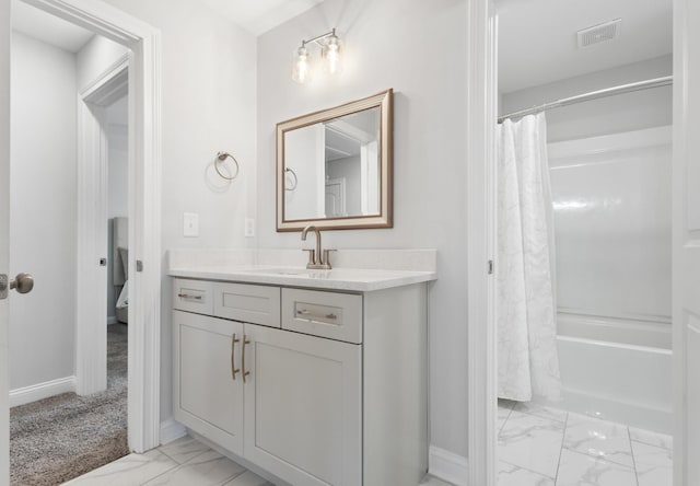 bathroom with vanity, visible vents, baseboards, marble finish floor, and shower / bathtub combination with curtain