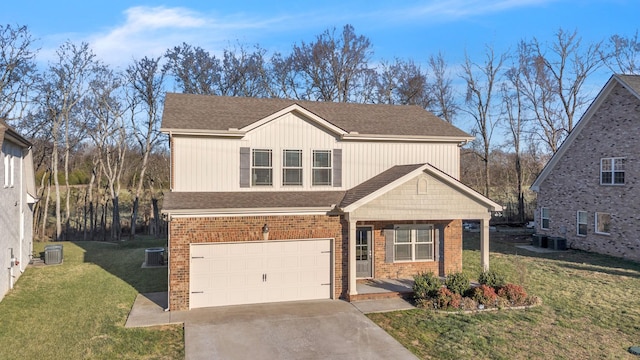 view of front facade with a garage, concrete driveway, a front lawn, central AC, and brick siding