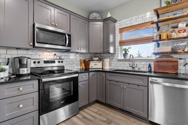 kitchen with gray cabinetry, a sink, appliances with stainless steel finishes, backsplash, and dark countertops