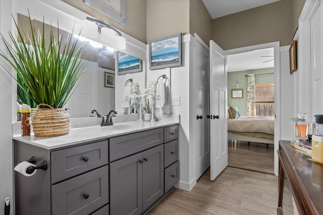 ensuite bathroom featuring vanity, wood finished floors, and ensuite bathroom