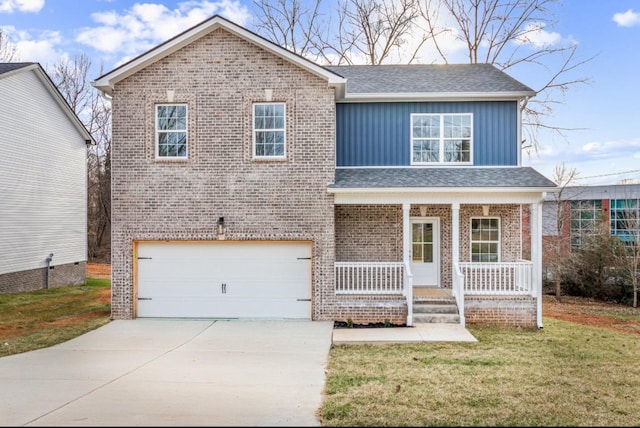 traditional-style house with brick siding, covered porch, concrete driveway, board and batten siding, and a front yard