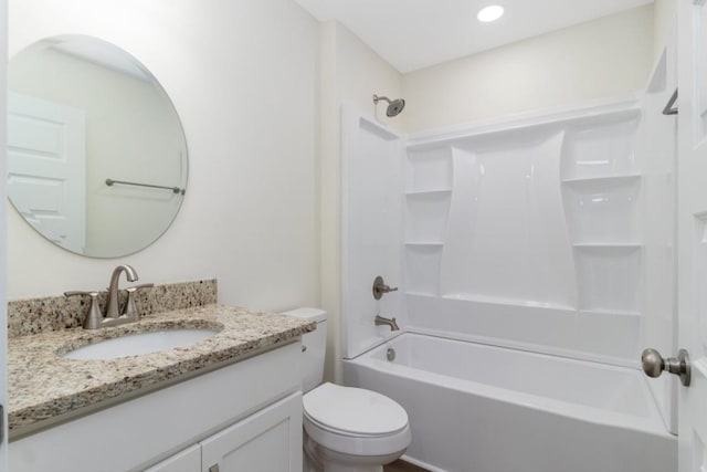 full bath with toilet, shower / bath combination, recessed lighting, and vanity