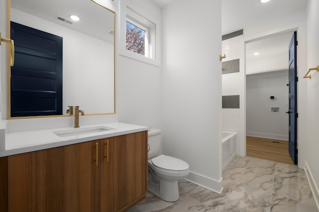 bathroom featuring marble finish floor, shower / bath combination, visible vents, toilet, and vanity