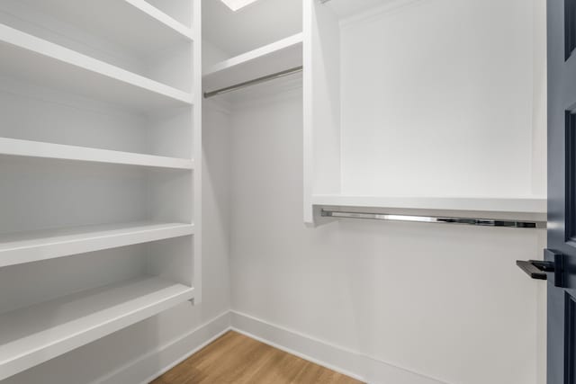 walk in closet with light wood finished floors