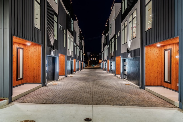 view of stable with a residential view